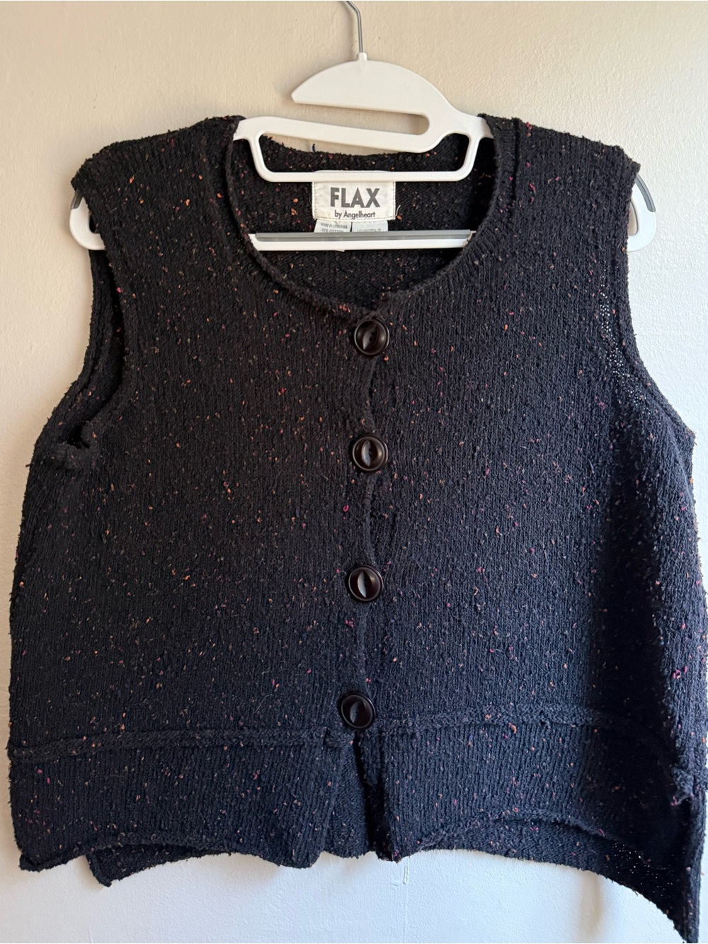 FLAX by Angelheart Black Speckled Button Front Sweater Vest S/M Cotton Blend Mad